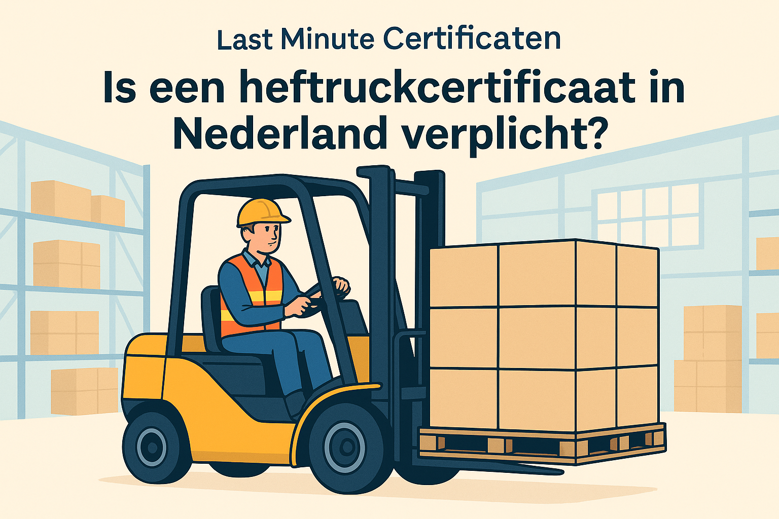 Illustratieve banner: heftruckchauffeur werkt veilig in magazijn – Last Minute Certificaten